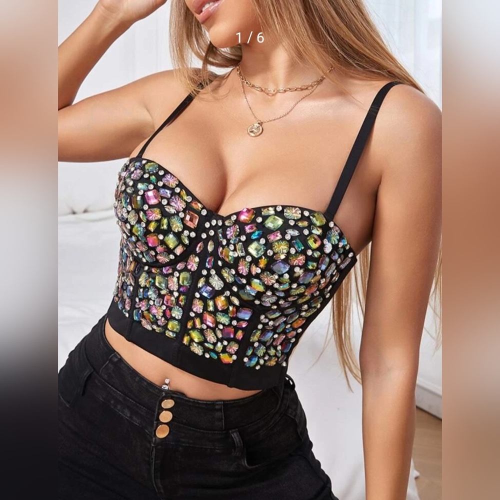 Rainbow Rhinestone Bustier Crop Cami